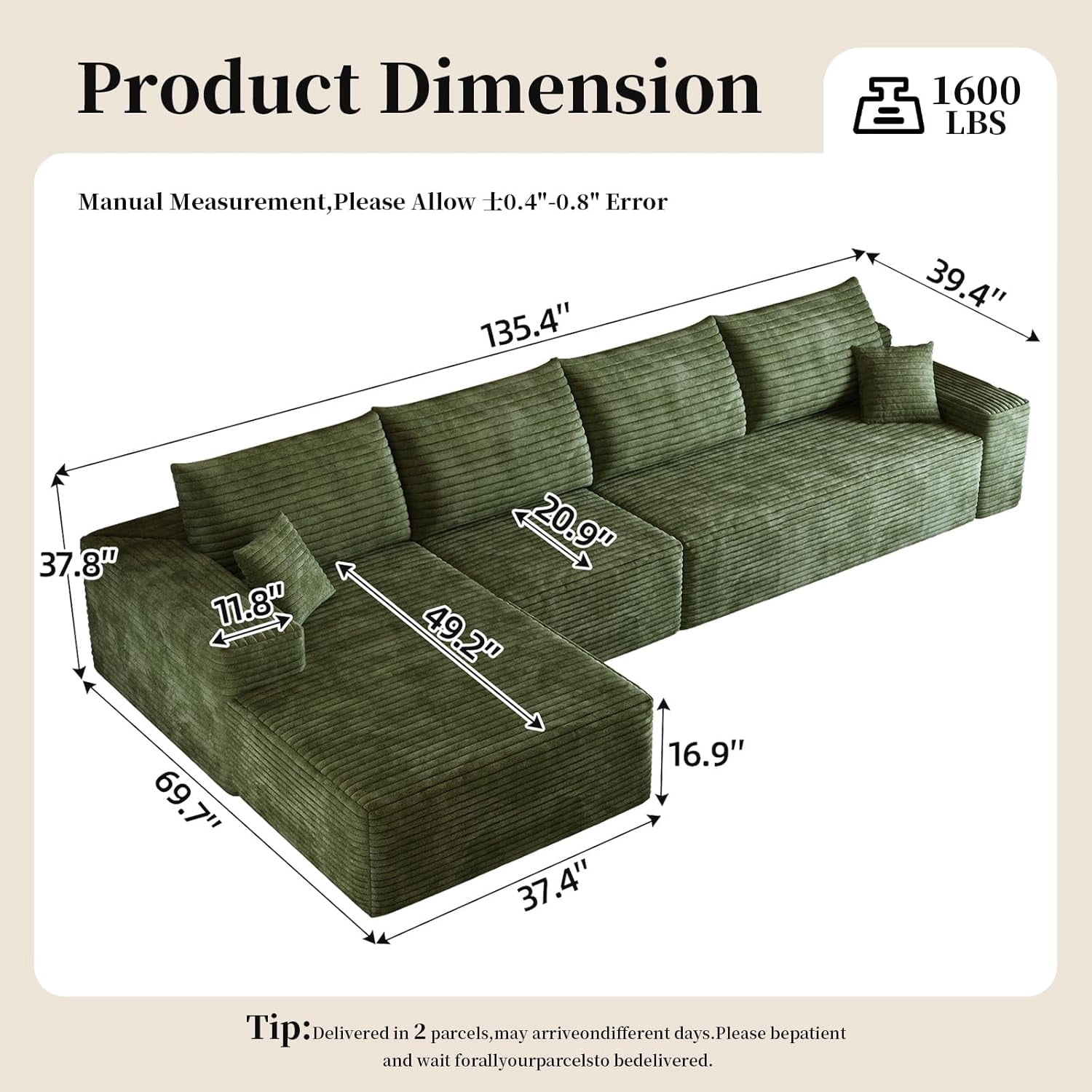 Sailvan 135" Cloud Sectional Couch, Cloudy Sofa with L-Shape Chaise, Upholstered Couches for Living Room & Bedroom, No Assembly Required, Plush Corduroy Fabric, Green