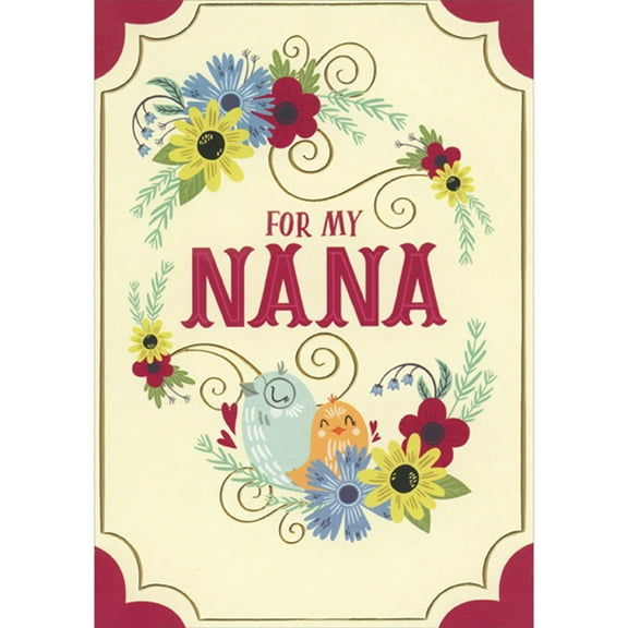 Designer Greetings Smiling Blue and Orange Birds at Base of Floral Wreath Juvenile Nana Mother's Day Card from Young Kid : Child