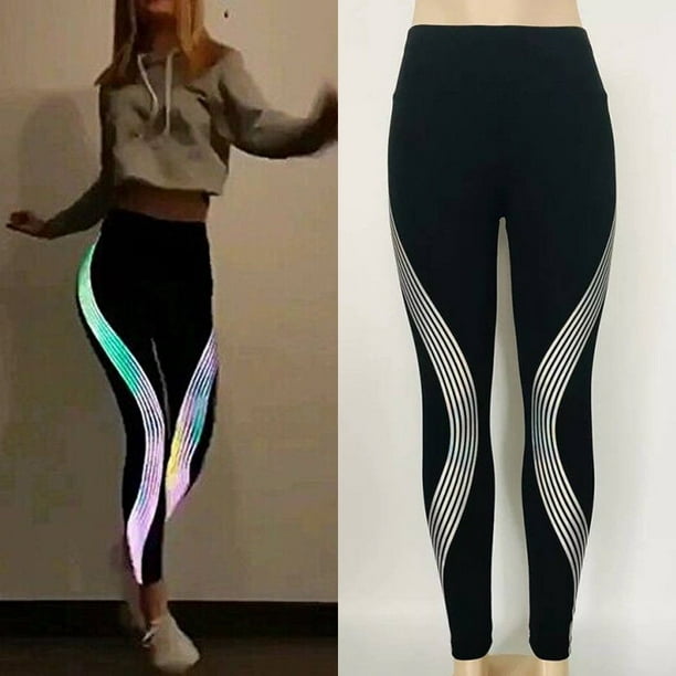 Women Rainbow Reflective Leggings Gym Fitness Slim Stretch Elastic Glow in  Dark Pants 