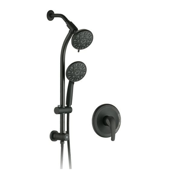 Dual Shower Head System, Drill-Free Stainless Steel Slide Bar Combo with 7 Settings Handheld Rain Showerhead Matte Black   ABS