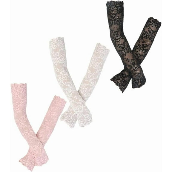Amosfun 3 Pairs Women Girls Summer UV Protection Arm Sleeves Crochet Flowers Lace Warmer Jacquard Scar Cover Long Fingerless Driving Gloves
