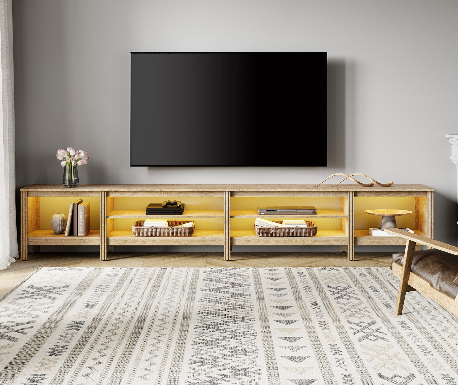 Fitueyes 118" Wood TV Stand for 85-100" TVs, Media Console Table with Open Shelves & 16 Colors LED Light for Living Room Bedroom, Oak