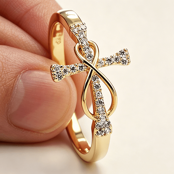 14K Gold Plated Cross Heart Ring Mobius Infinity Cubic Zirconia Ring's for Women Inspirational Pray Religious Christian Faith CZ Eternity Wedding Band Jewelry Gifts for Her Size 6-10(8#)