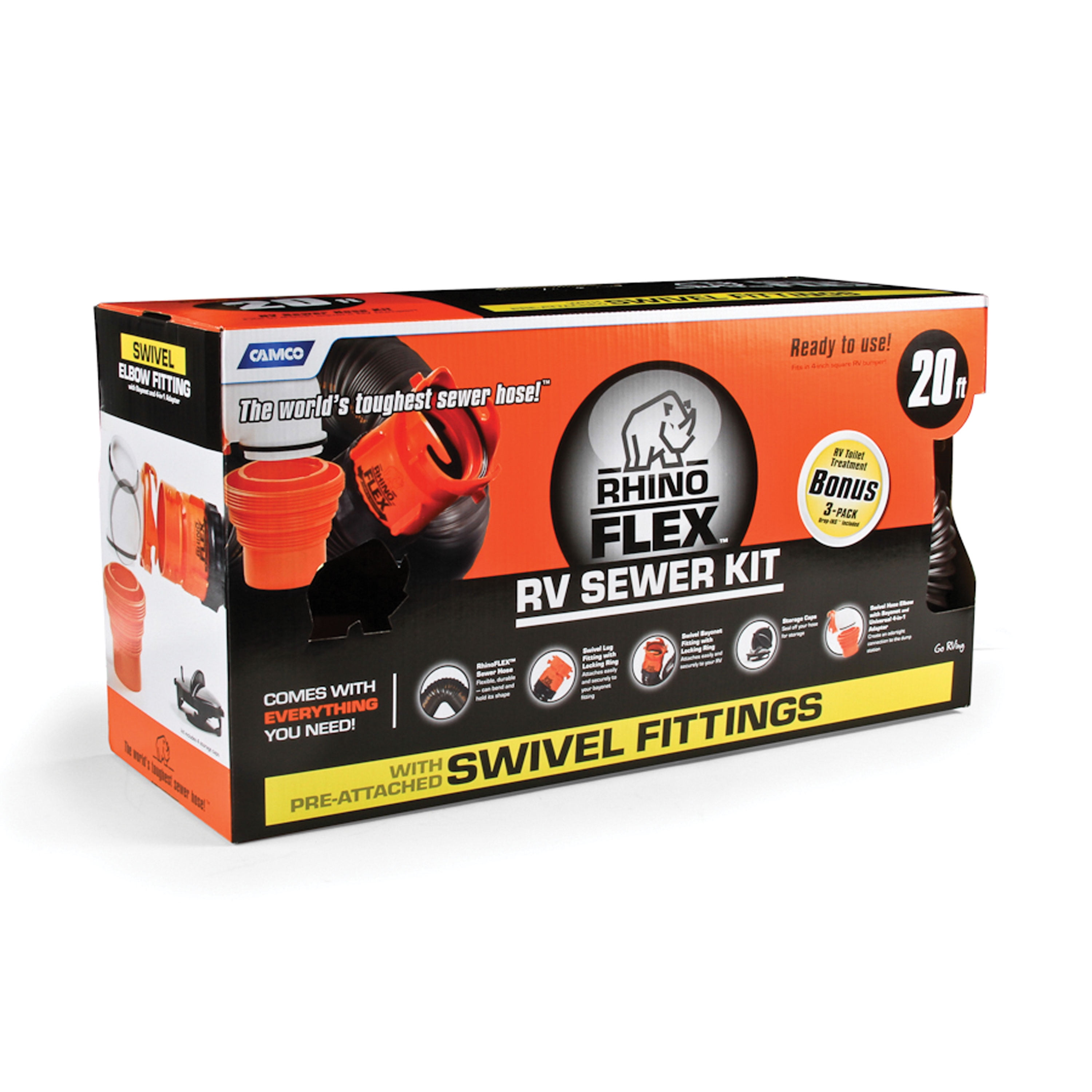 Camco RhinoFLEX 20ft RV Sewer Hose Kit, Includes Swivel Fitting and
