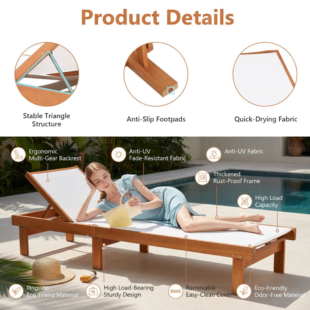 Hommoo Outdoor Teak & White Eucalyptus Wood Chaise Lounge Chair with 5-Position Adjustable Backrest, Breathable Fabric, Heavy-Duty Steel Frame, Poolside & Garden Use, White
