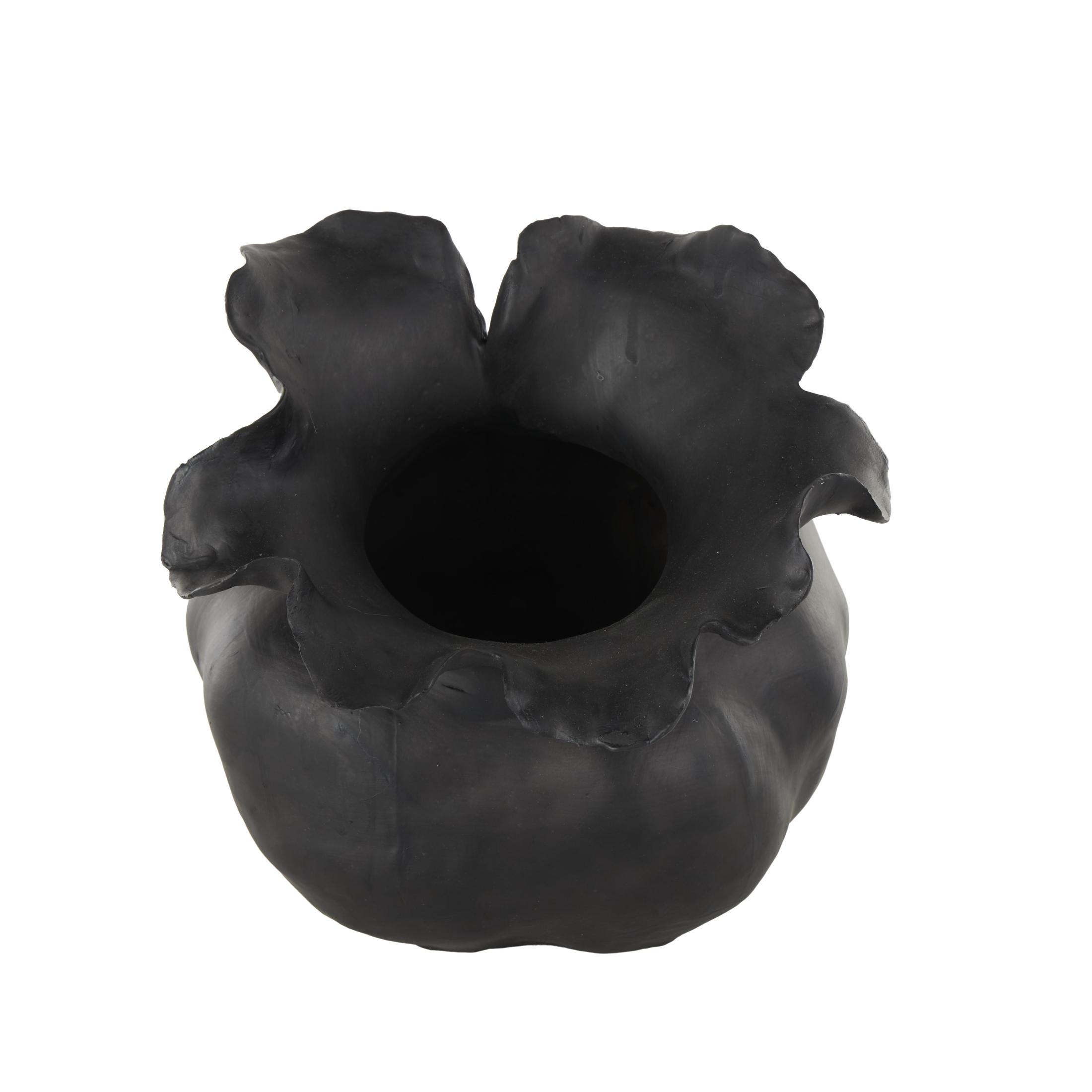 DecMode 9" Abstract Wide Rounded Floral Shaped Black Ceramic Vase with Petal Rim