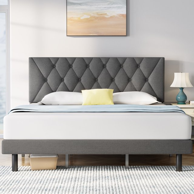 Cadre de Lit Complet, Lit Plateforme Taille Complète avec Tête de Lit Rembourrée en Tissu, Gris Foncé