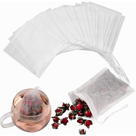 Premium Disposable Tea Infuser Bags - 100-Pack, Safe & Natural Material, Drawstring Closure, Ideal for Loose Leaf Tea, Coffee, Spices, and Herbs - 3.15 x 3.94 inch (White)