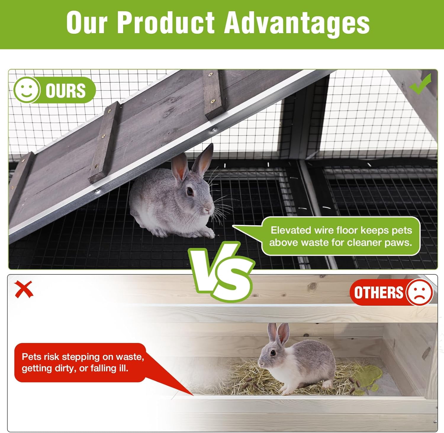 Aivituvin Rabbit Hutch, Indoor Bunny Cage with Run Outdoor Rabbit House with Two Deeper No Leak Trays Light Gray