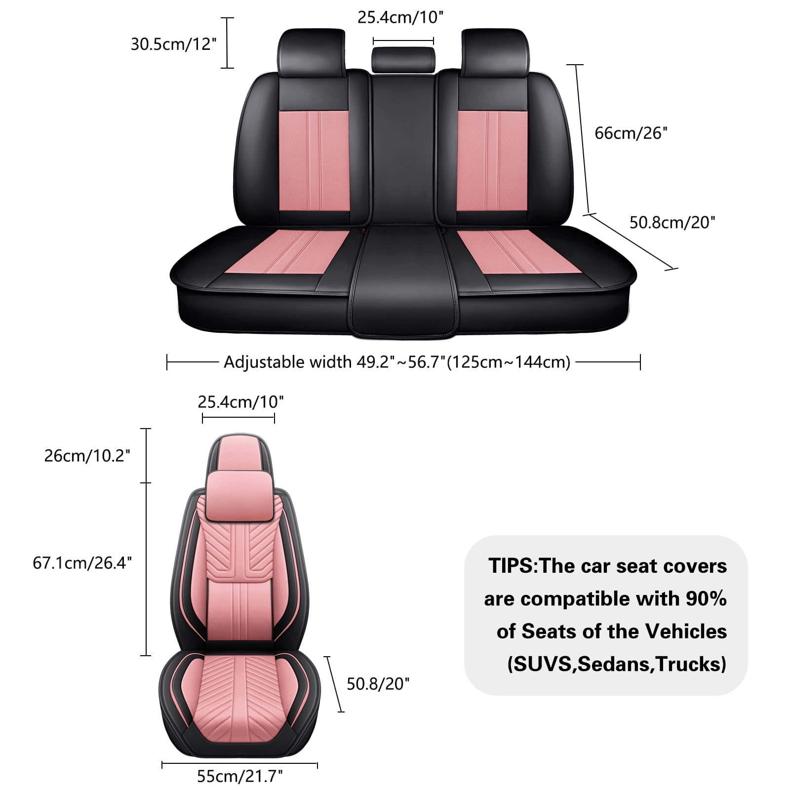 OTOEZ Universal Pink Car Seat Cover Nappa Leather 5-Seat Full Set Waterproof Front & Rear Cushion Protector Fit Most Honda Toyota Chevy Ford Nissan SUV