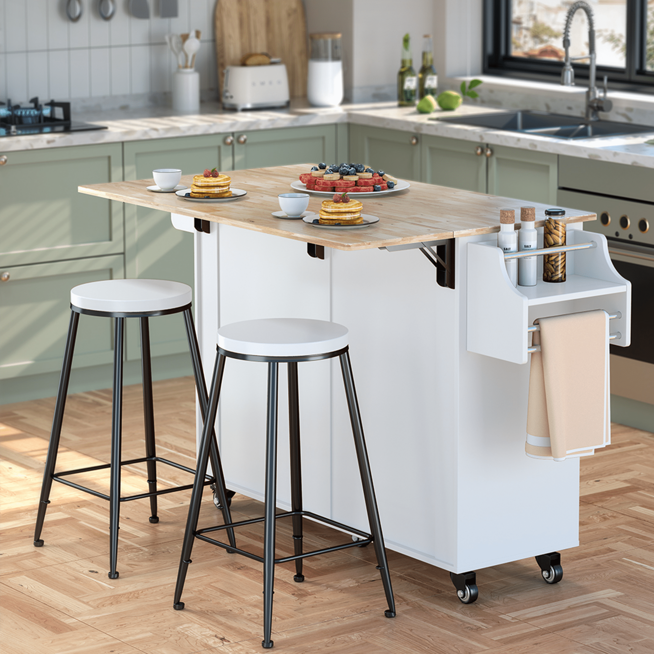 Aiho 45.5'' Kitchen Island Cart with Storage , Rolling Kitchen Island with Folding Drop Leaf Breakfast Bar for Dining Room, White
