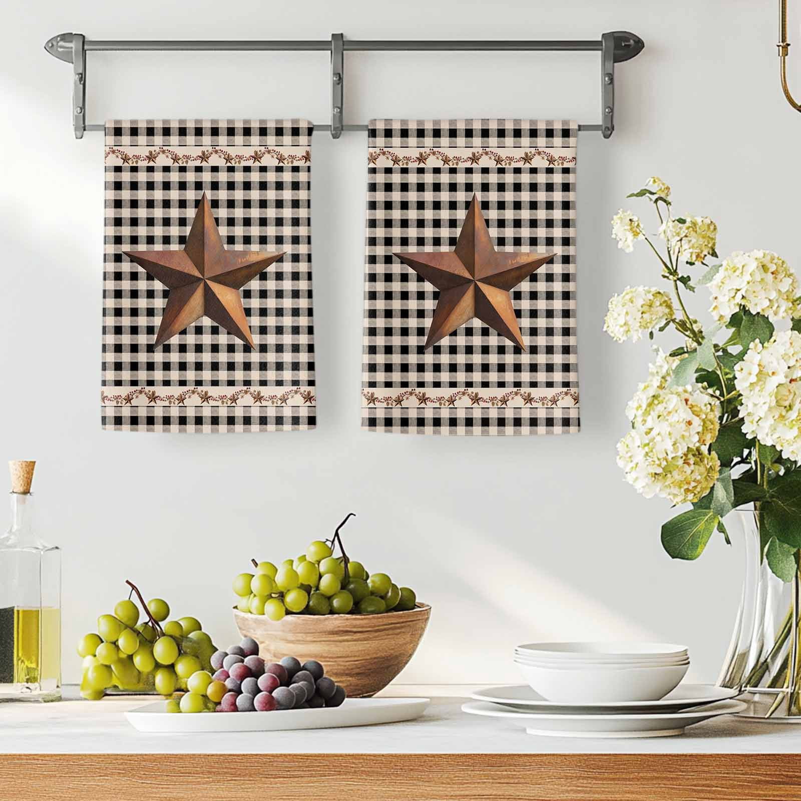 Texas Star Vintage Kitchen Towels Set of 2, Retro Country Brown Stars Checkered Absorbent Dish Towels for Kitchen, Microfiber Hand Towel, Quick Drying Tea Towel for Cleaning Decorative Dishcloths
