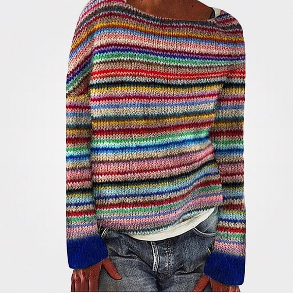 Teylalorva Women's Fall and Winter Sweater Color Block Loose Fashion Crewneck Pullover Tops Multicolor Size 4XL