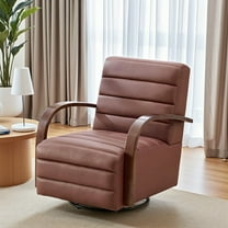 Hassch 360° Swivel Armchair with Solid Wood Armrest and Metal Base, PU Upholstered Channel Tufted Lounge Chair for Living Room, Bedroom & Office (Brown)