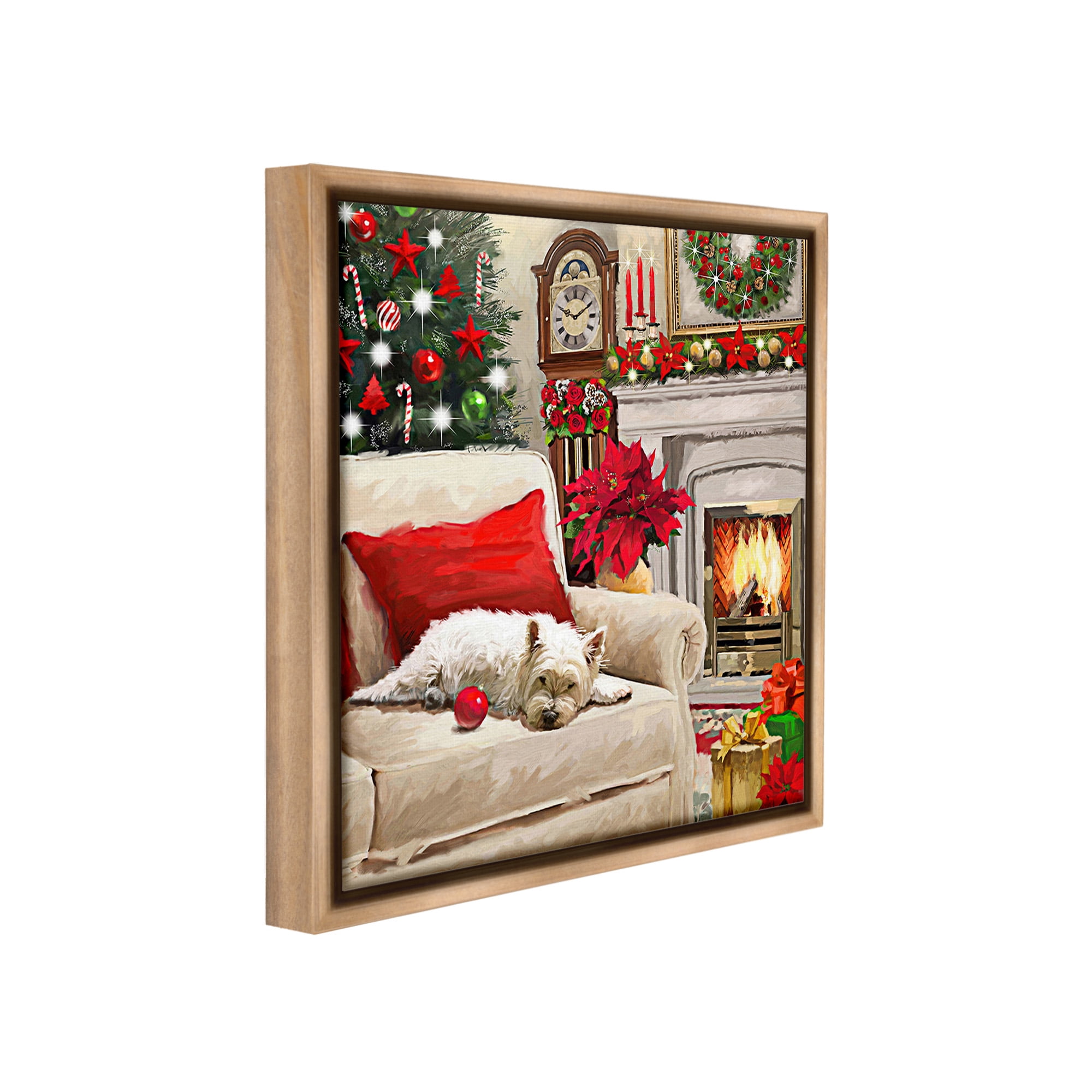 Stupell Industries Cozy Dog by Holiday Mantle Holiday Painting Brown Floater Framed Canvas Art Print Wall Art, 18 x 18