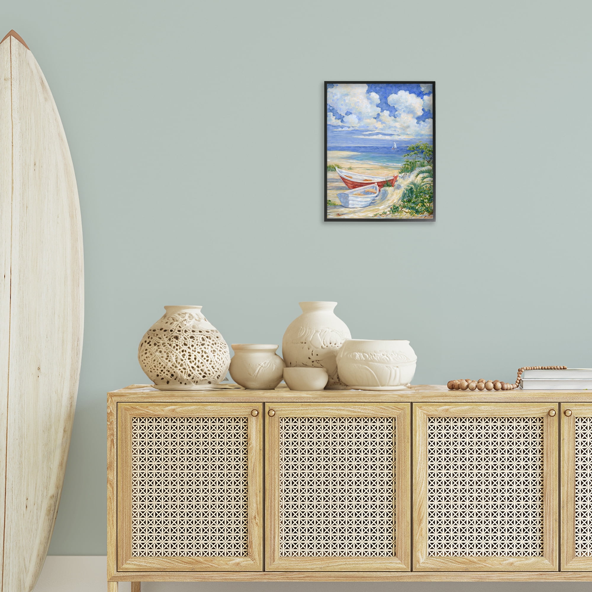 Stupell Industries Two Boats on Sand Transportation Painting Black Framed Art Print Wall Art, 16 x 20