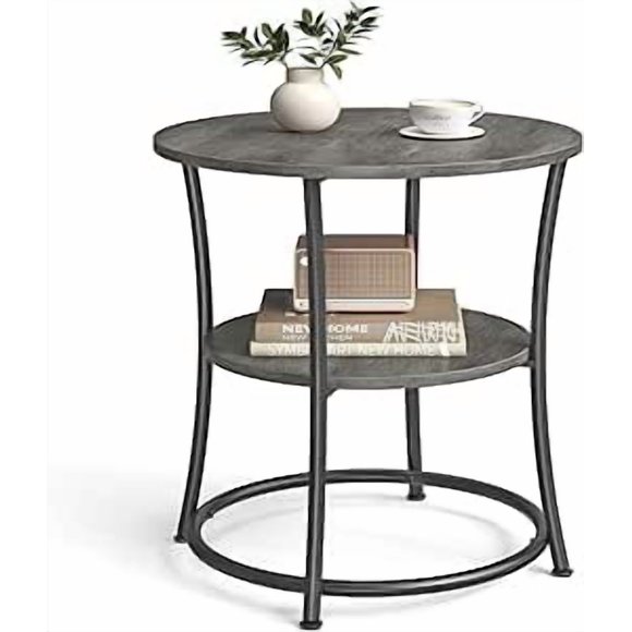 VASAGLE Side Table, 2-Tier Round End Table, Nightstand with Steel Frame for Small Spaces, Living Room, Bedroom, Misty Gray and Ink Black