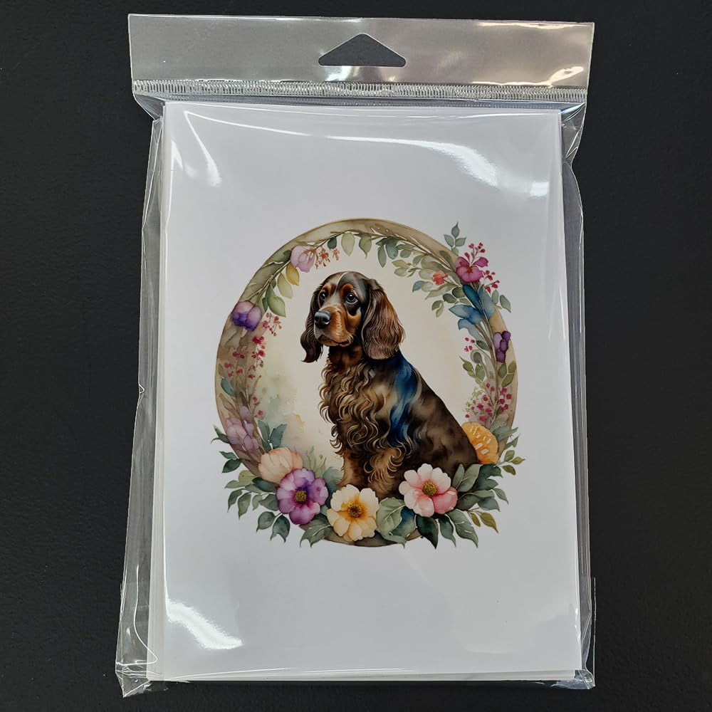 Field Spaniel and Flowers Greeting Cards and Envelopes Pack of 8 7 in x 5 in