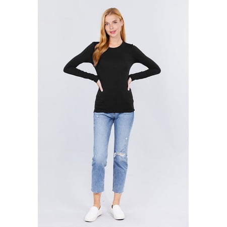 Simply Fashion Active Basic CrewNeck LongSleeve Slim Fit Cotton Tshirts ,black,small