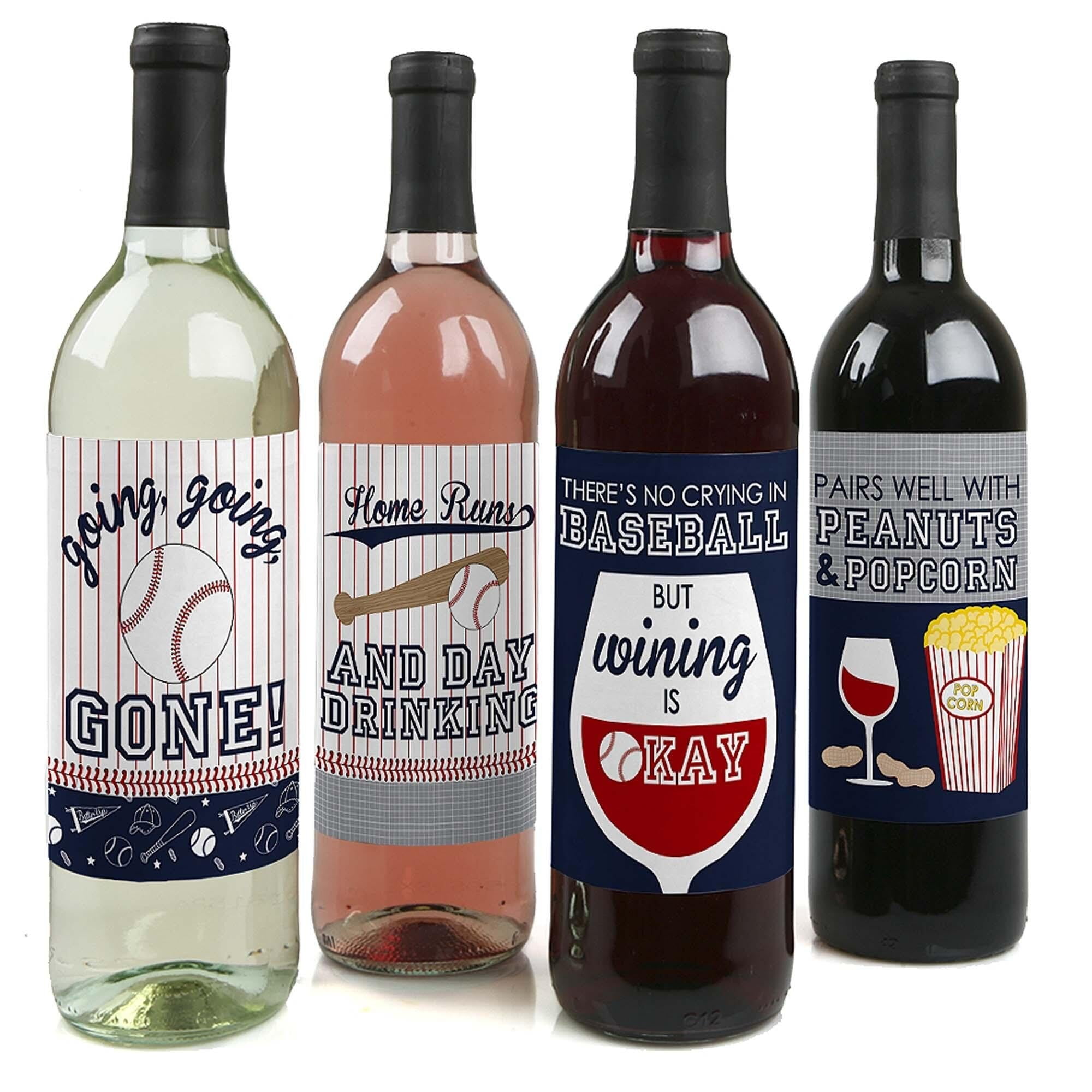 Batter Up - Baseball - Baby Shower or Birthday Party Decorations for Women and Men - Wine Bottle Label Stickers - Set of 4 