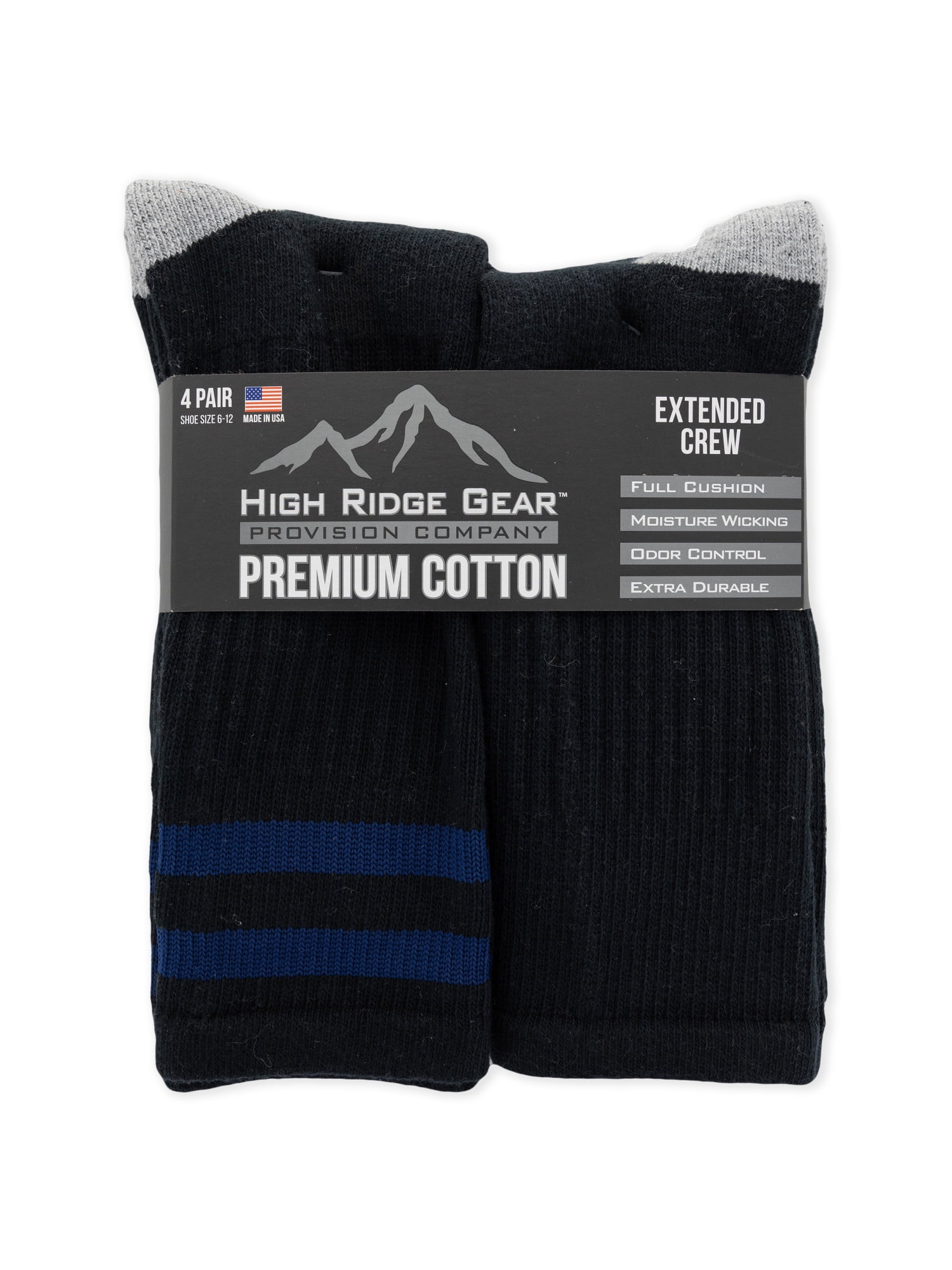 High Ridge Gear Men's Premium Cotton Crew Socks, 4 Pack