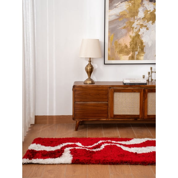 Rugsotic Carpets Hand Tufted Shag Polyester 2'6''x8' Runner Area Rug Contemporary Red White K00003