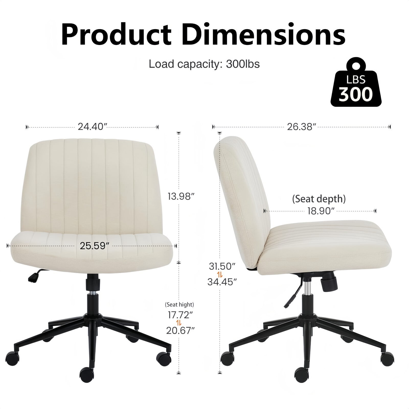 Kelno Armless Criss Cross Office Chair with Wheels 300lb Capacity Wide Seat Cross Legged Desk Chair Height Adjustable Swivel Vanity Chair, Beige Linen