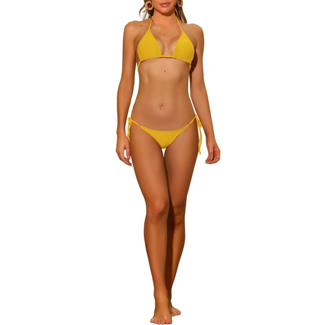 INSPIRAR CHIC Conjuntos de Bikini de Mujer con Halter y Lazo Lateral de 2 Piezas, Parte Inferior Triangular de Cintura Baja, Traje de Baño Básico en Amarillo Medio