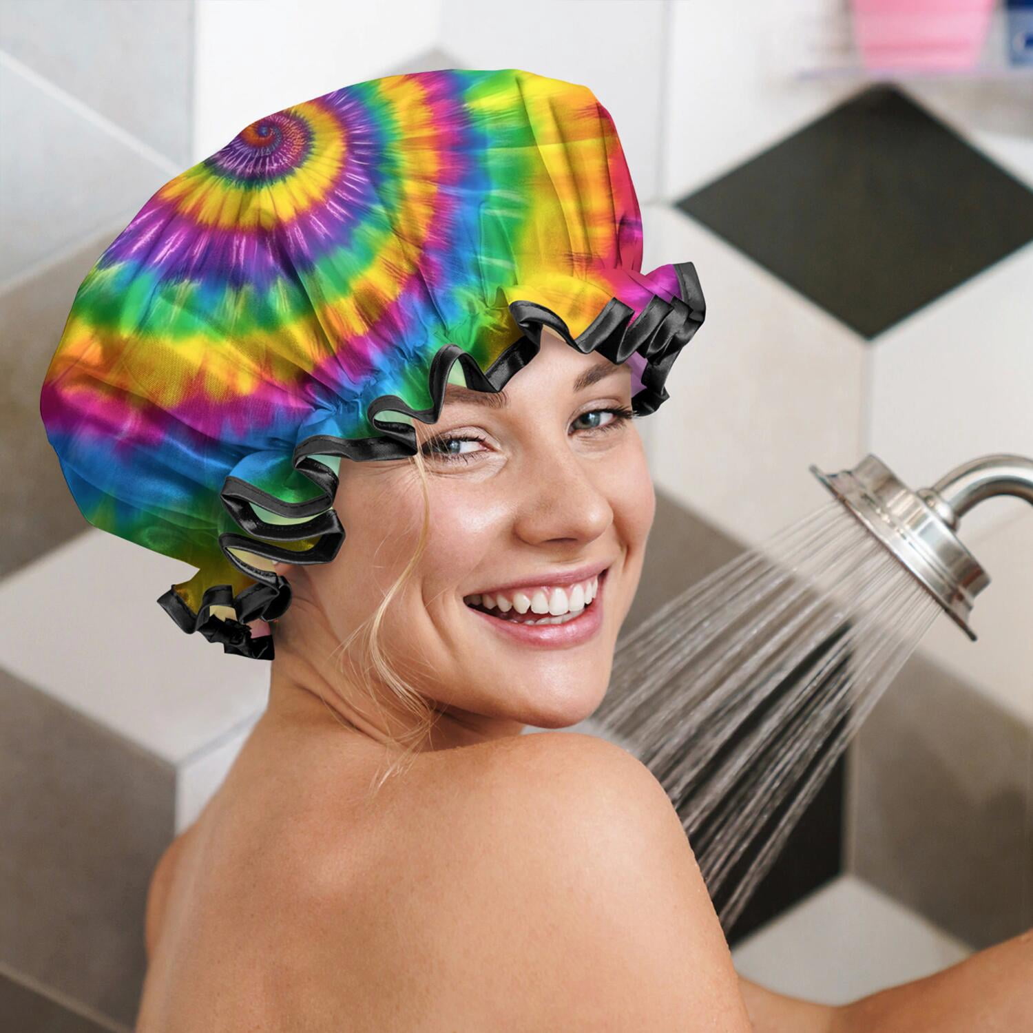 Shower Caps,Rainbow Tie Dye Mandala Pattern Waterproof Shower Cap for Women 4 Pieces,Double Reusable Hair Cover for Shower PEVA Elastic Stretch Hem