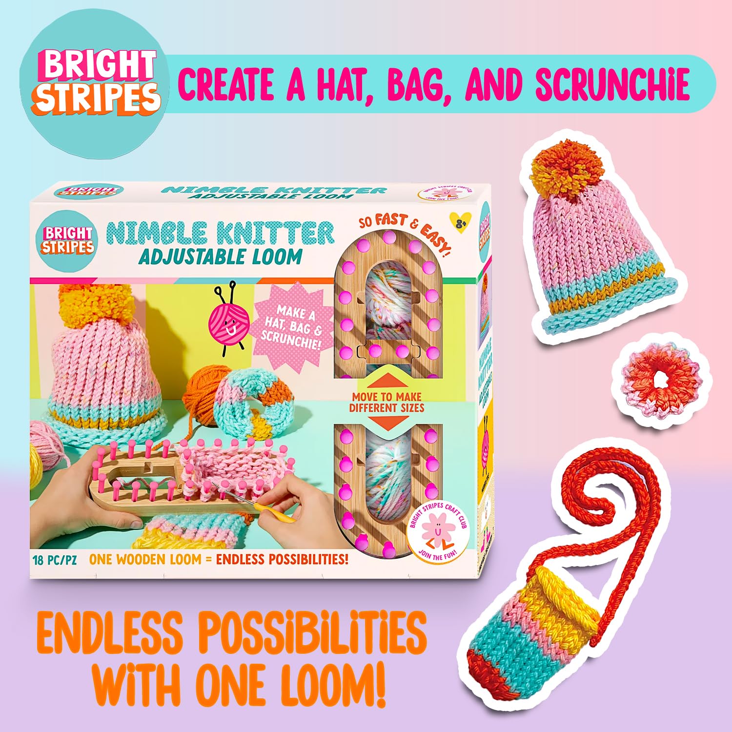 Bright Stripes Nimble Knitter Kit| 4-in-1 Adjustable Bamboo Loom with Chunky Yarn & Guide| DIY Craft Set to Make Scrunchies, Hats, Bags & More| Great for All Ages