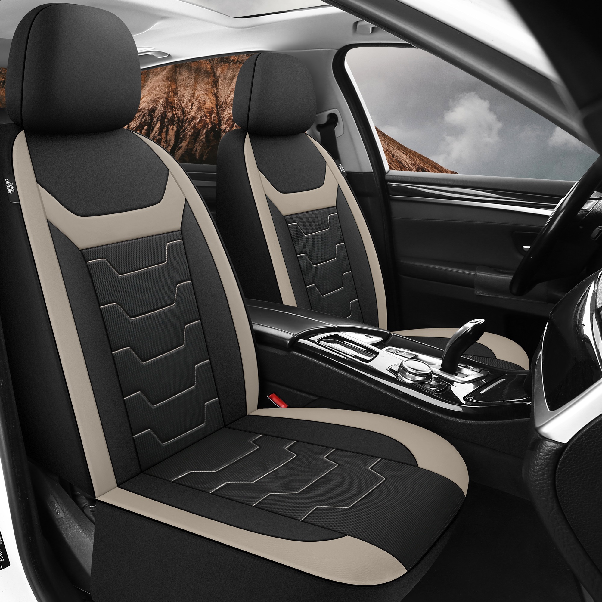 Caromop Universal Fit Car Seat Covers,3D Air Mesh Breathable Front Seat Protectors for Most Cars,SUVs,Trucks with Split Bench,Machine Washable,Airbag Safe(Black/Beige)