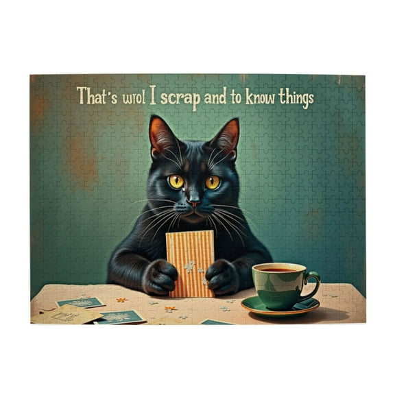 500 Piece Jigsaw Puzzle For Adults Black Cat With Tea & Cards Intriguing Artwork Challenging Puzzle Game Unique Home Decor Fun Gift 20.5X15In