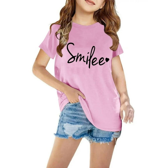 Tdoqot Girls Graphic Shirts- Fashion Short Sleeve Cotton Summer T Shirts Kids Clothes Tops Pink Size 5-6T