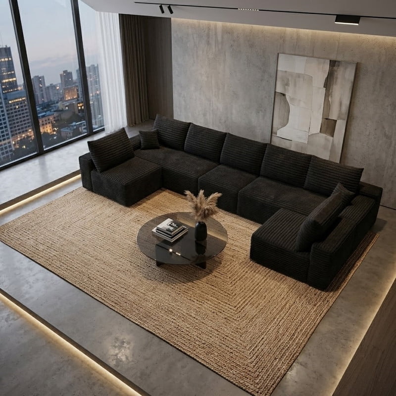 Modern Cloud U-Shaped Sectional Sofa, Modular Upholstered Sofa Couch, lush Corduroy Fabric Deep Seat Corner Sofa for Living Room, Apartment, No Assembly Required