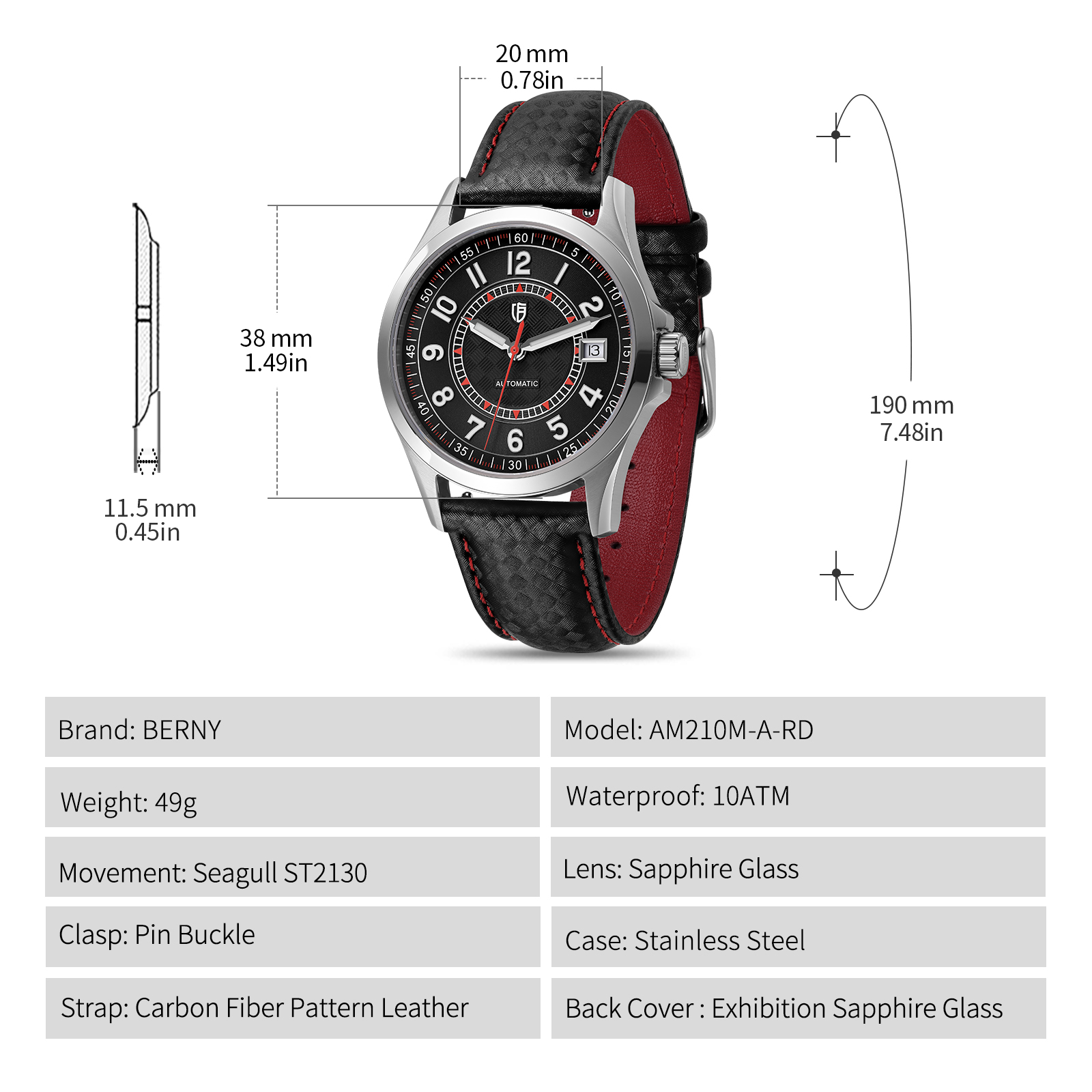 BERNY Men's Automatic Watch, Leather Strap Mechanical Watch with Date, Super Luminous, Sapphire Crystal, 10ATM Waterproof, Fashion Casual Wristwatch for Men (Red)