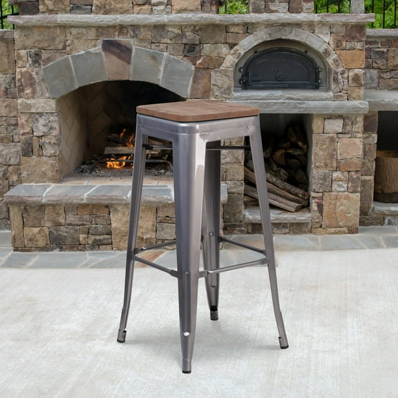 Flash Furniture Lincoln 4 Pk. 30" High Backless Silver Antique Finish with Clear Coat Metal Barstool with Square Wood Seat