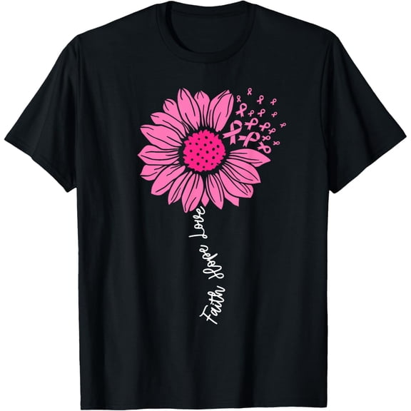 Faith Love Hope Pink Ribbon Sunflower Breast Cancer Warrior T-ShirtMen and women can wear, black T-shirts, gifts. Age: M,L,XL 2XL, 3XL, 123XL