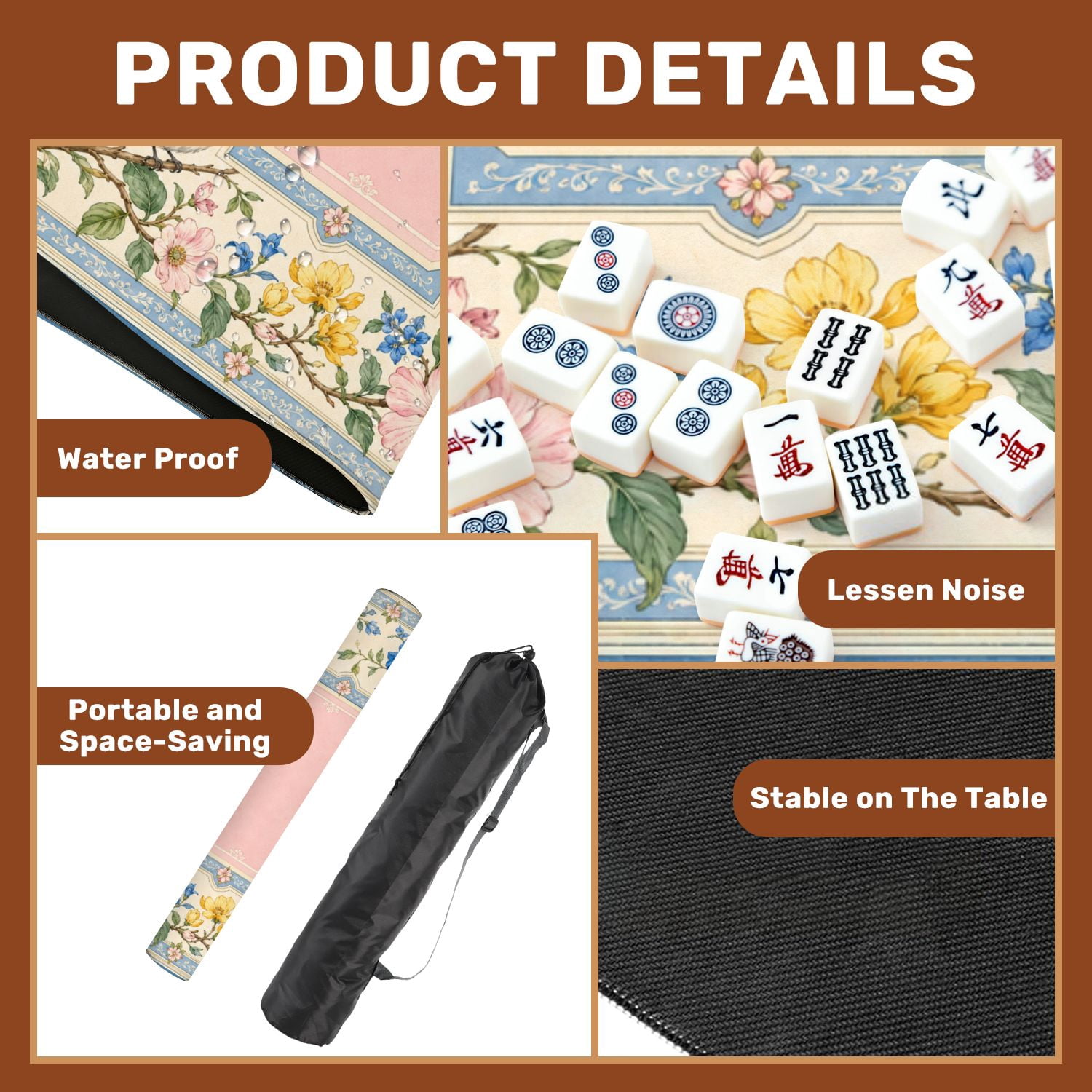 Mahjong Mat 31.5" x 31.5" Floral Border Pink Center Blue Bird Watercolor Non-Slip Noise Reduction Mahjong Tiles Table Cover for Dominoes Poker Card Board and Tile Games
