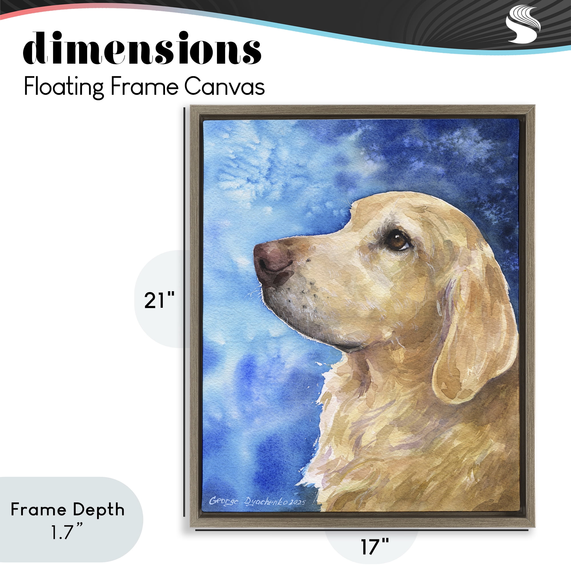 Stupell Industries Golden Retriever Portrait on Azure Brown Framed Floater Canvas Wall Art, design by George Dyachenko