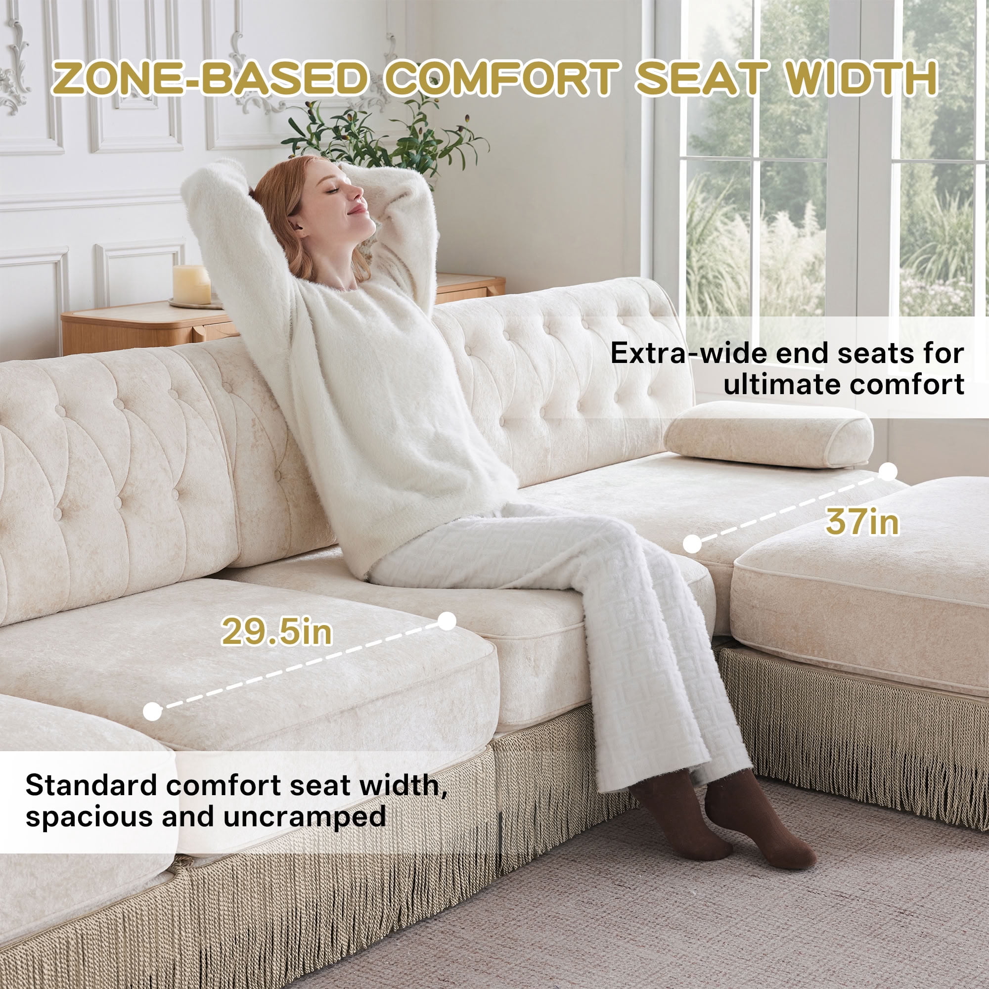 MAYEERTY L-Shaped Modular Sectional Sofa, Tufted Couch with Tassel Fringe Skirt & Ottoman, Wooden Base for Living Room Bedroom