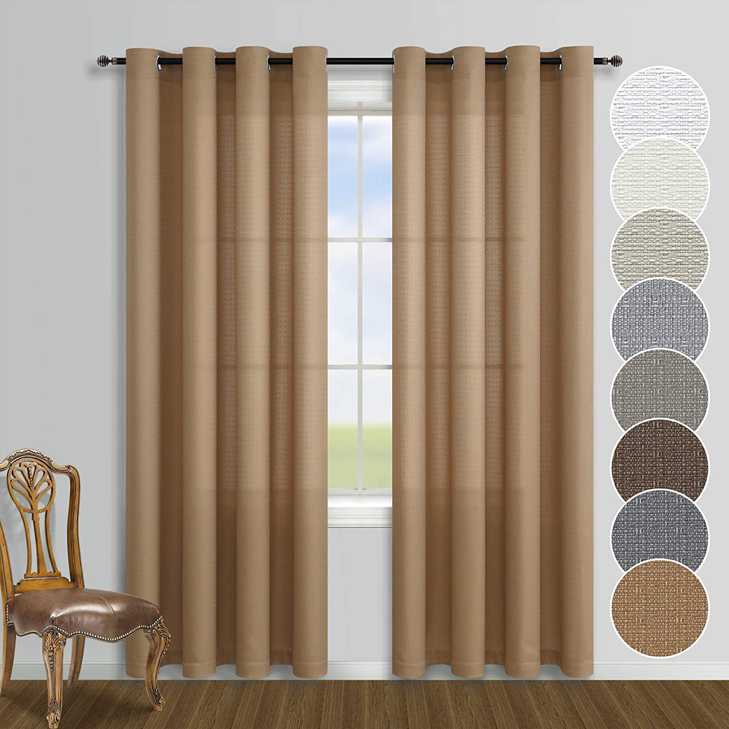 2 panels Linen Curtains Burlap Texture Semi Sheer Window Treatment Drapes Set 