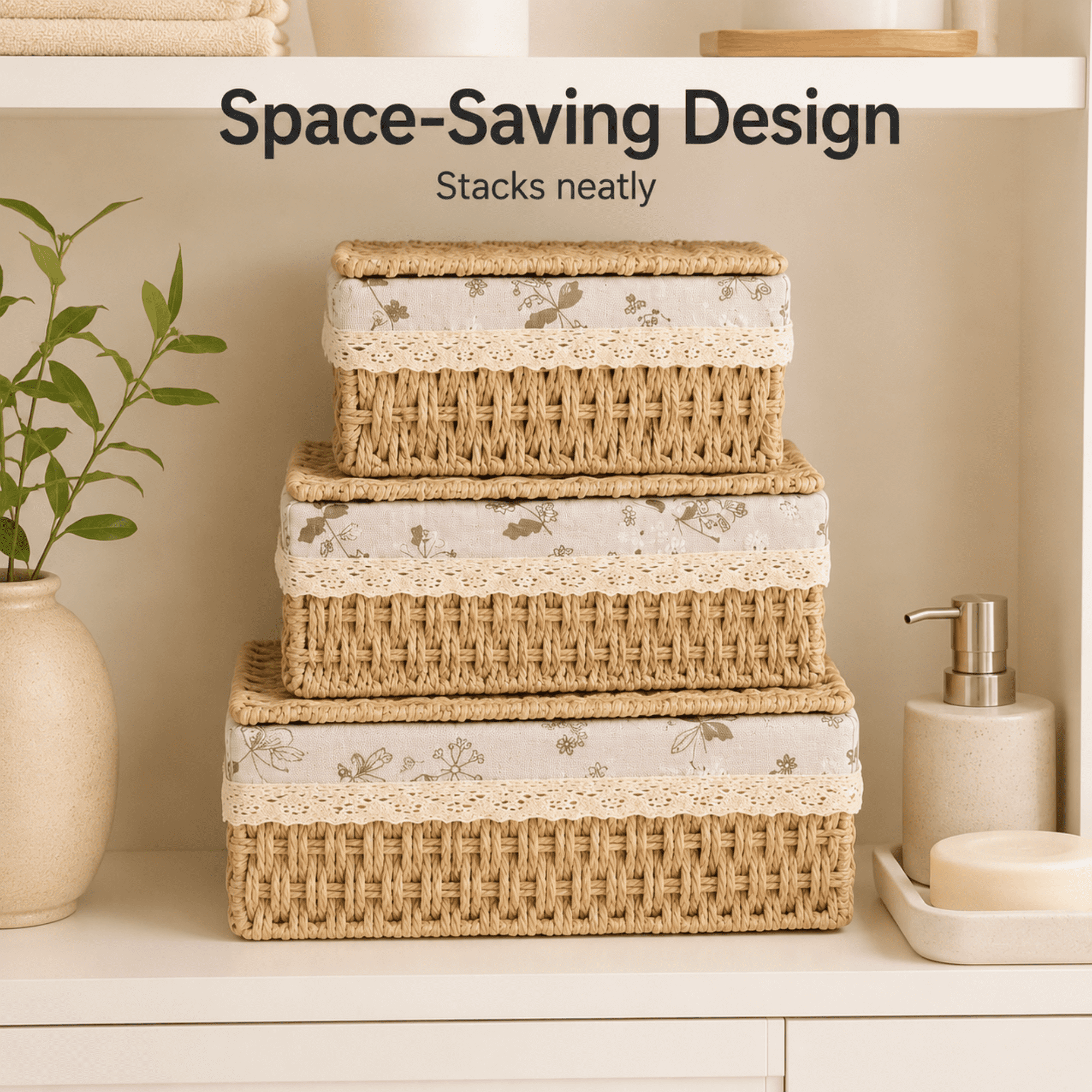 MEHOOM Decorative Storage Baskets, Natural Paper Rope Wicker Baskets with Lid & Liner, Baskets and Bins for Bedroom, Living Room, Kitchen, Table, Home Decor (3 Pack)