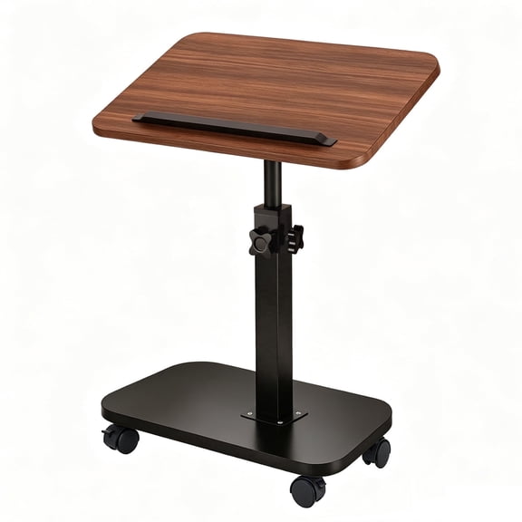 Walnut Wheeled Side Table - Adjustable Height, 15kg Capacity for Small Spaces