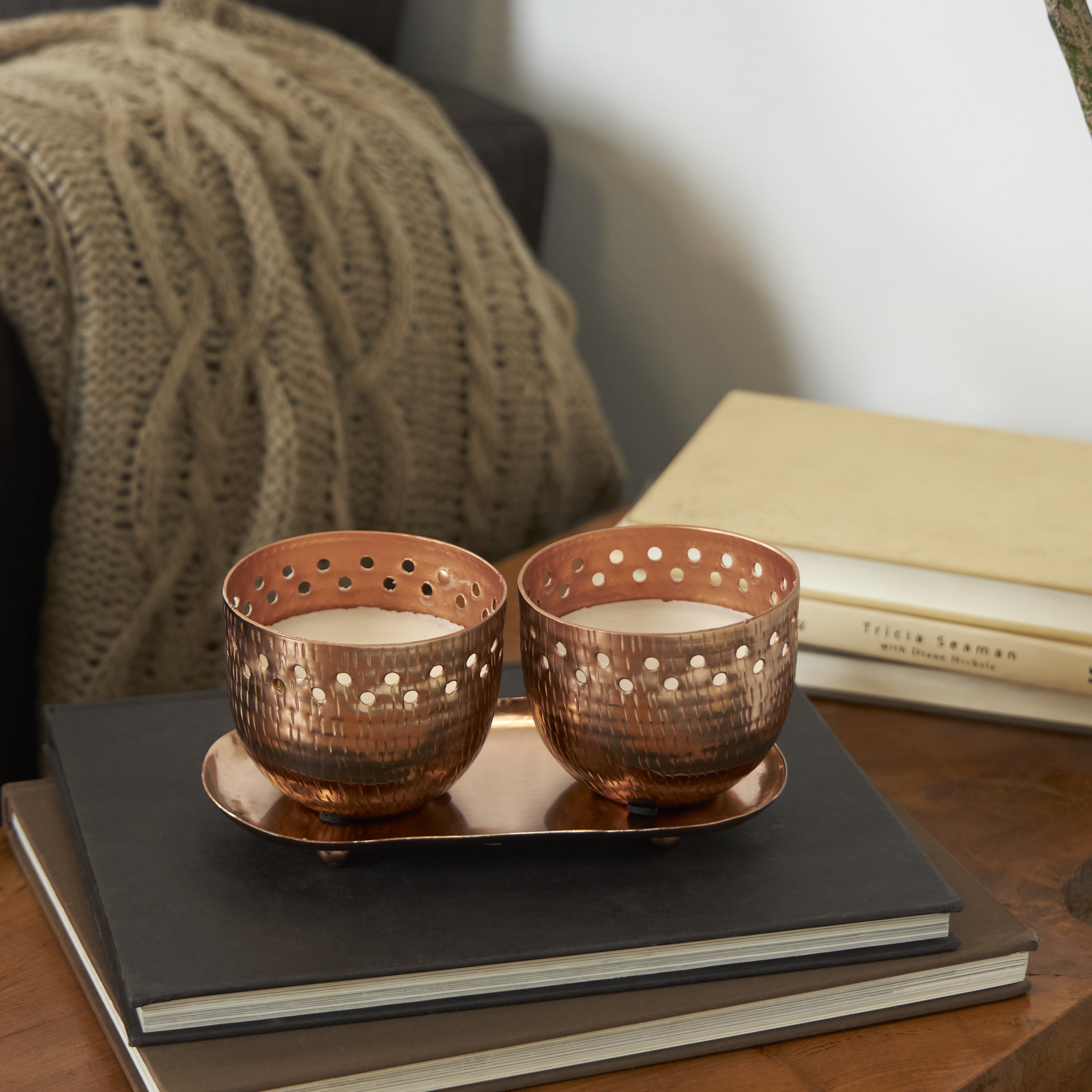 CosmoLiving by Cosmopolitan 2 Holder Copper Metal Sauvignon Blanc Scented Cutout Spotted 7 oz 1 Wick Candle with White Wax, (Set of 2)