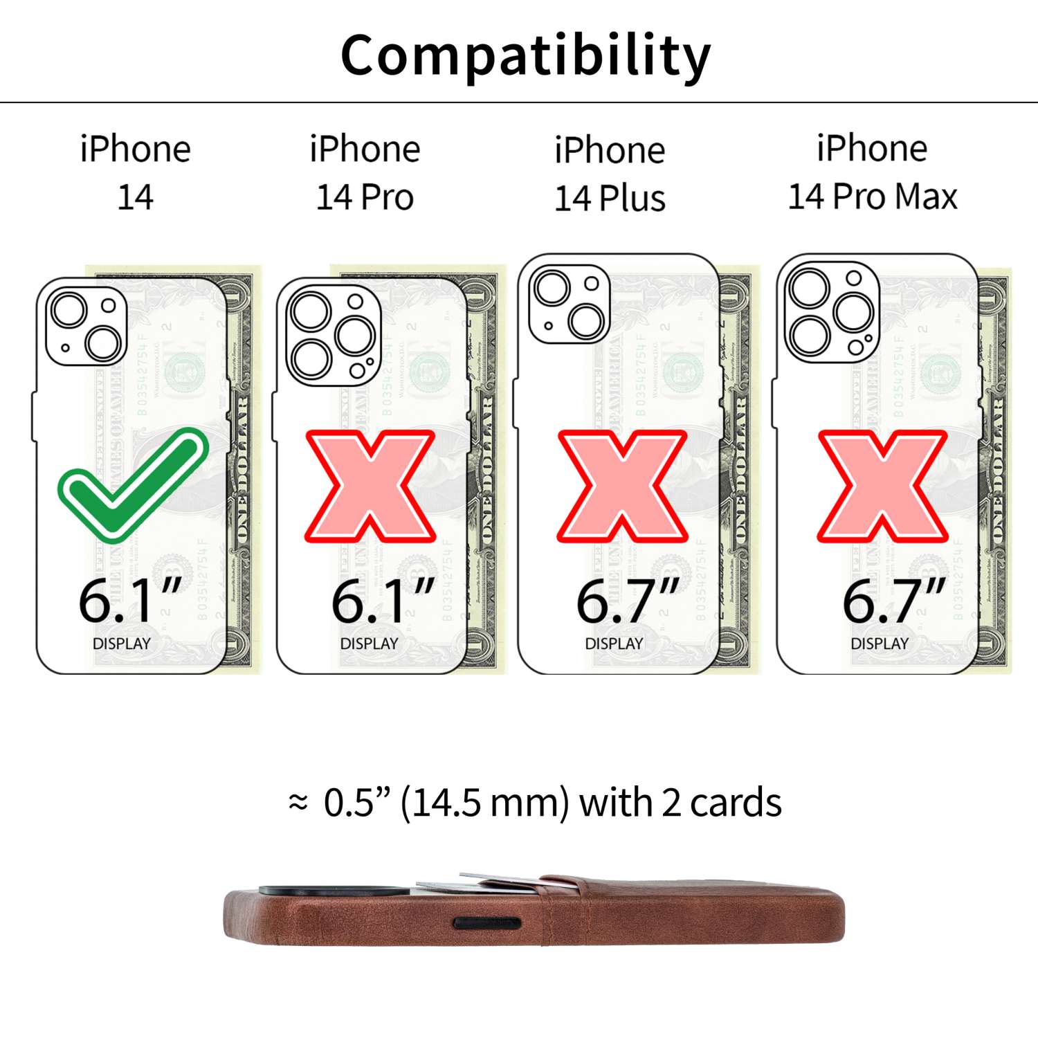 Dockem Card Case for iPhone 14 with Built-in Metal Plate for Magnetic Mounting & 2 Pockets: Exec M2 (Brown)