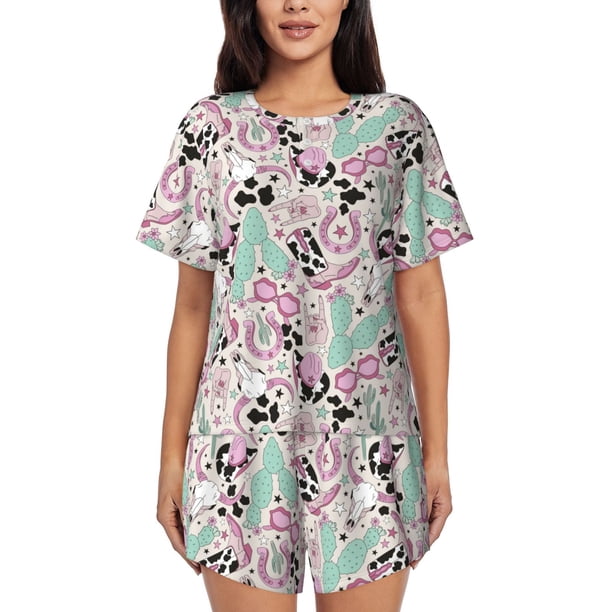 Fotbe West Cowgirl Disco Conjunto de Pijama Estampado para Mujer, 2 Piezas, Ropa de Dormir con Camiseta de Manga Corta y Shorts Suaves-Medium