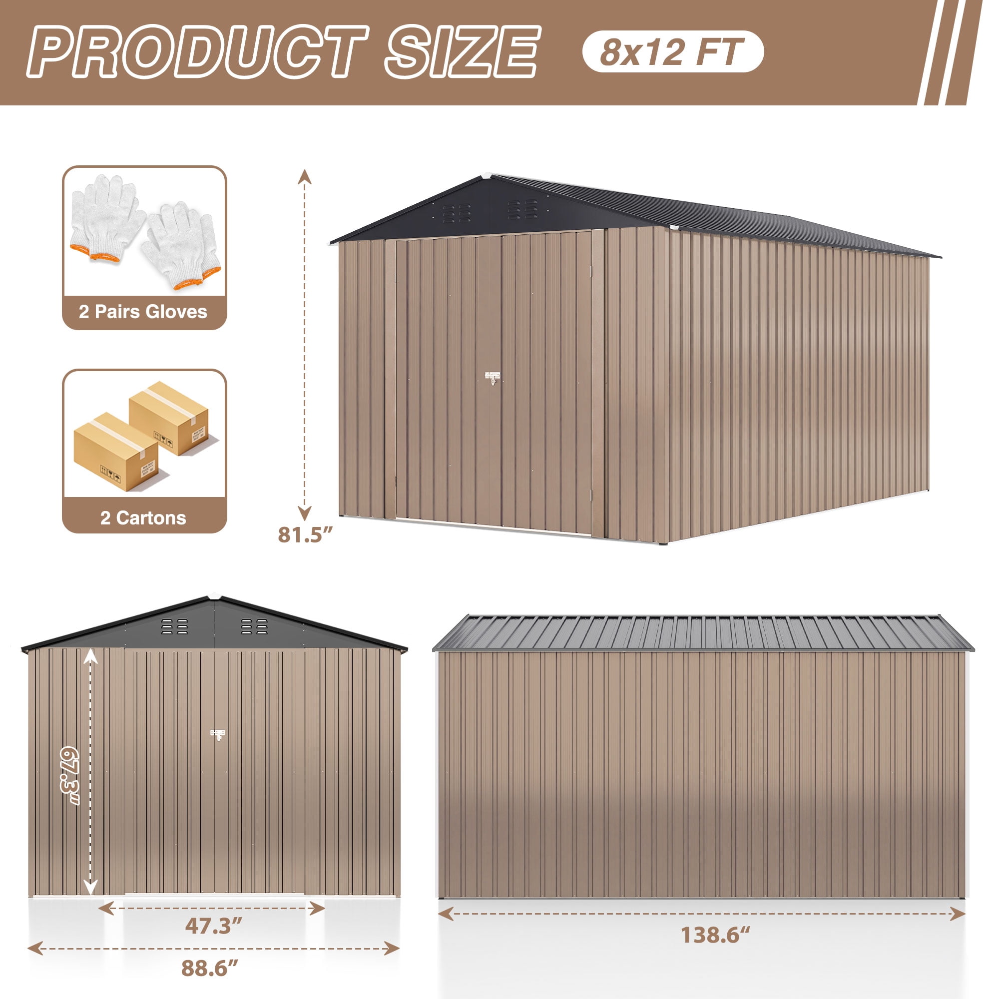 NETAJE 8'x12' Outdoor Metal Storage Shed with Upgraded Frame and Lockable Doors for Backyard, Garden, Lawn, Brown