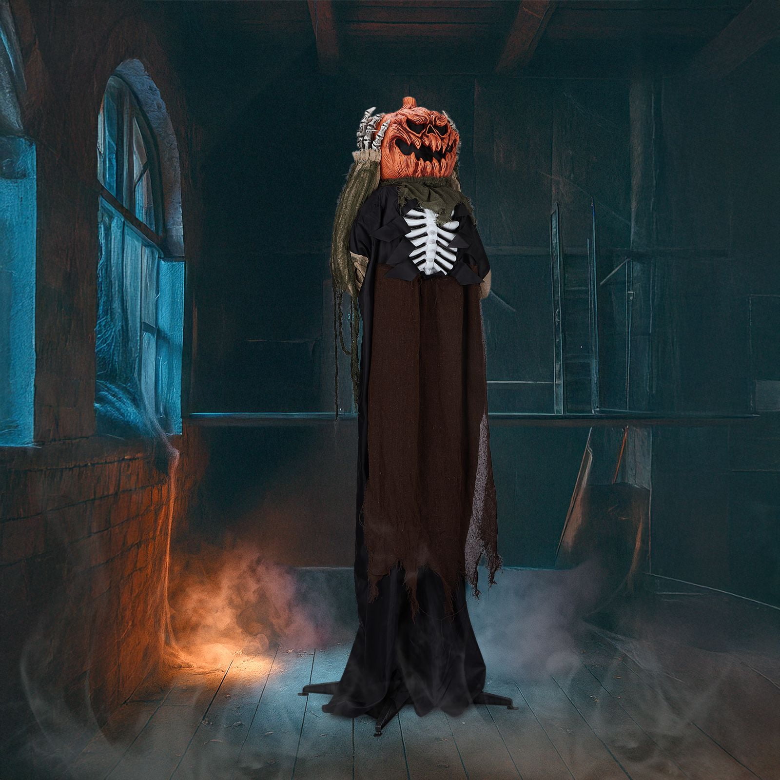 5.6FT Animatronic Ghost with Pumpkin Head Sound-Activated Red Eyes Moving Head for Halloween Haunted House