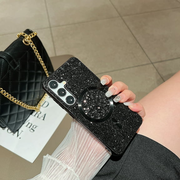 Stylish Phone Case for Samsung Galaxy S24 Plus, Glitter Bling Shiny Magnetic Back Cover Slim Fit Bumper Rugged Shockproof Case Cover for Girls Women, Black