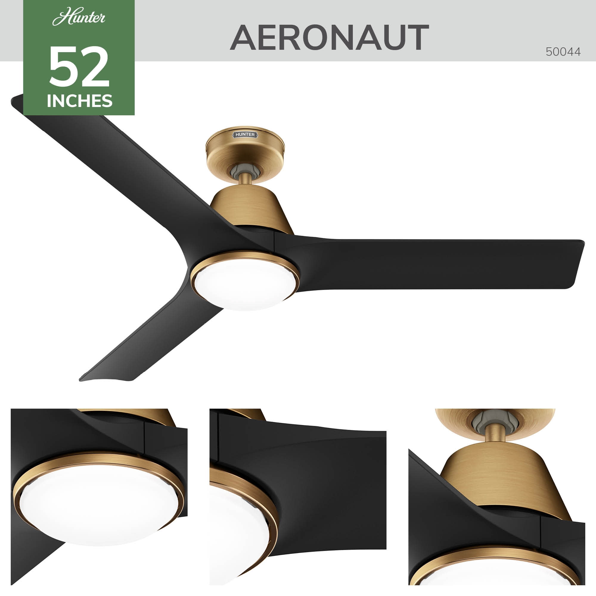 Hunter 52 inch Aeronaut Wi-Fi ENERGY STAR® Luxe Gold Damp Rated Ceiling Fan with LED Light Kit and Handheld Remote